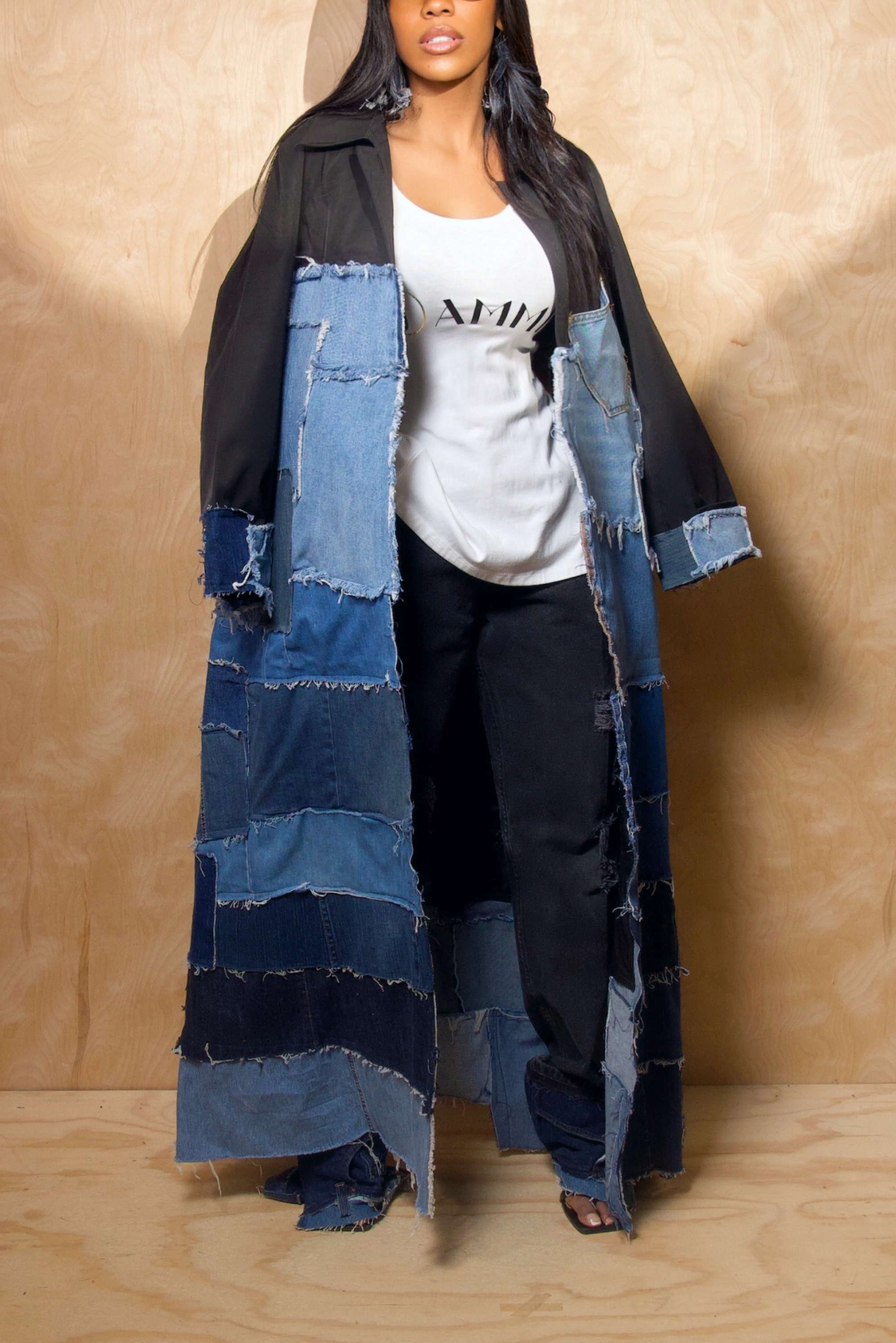 Upcycled Long Denim Patchwork Jacket | Unique Eco-Friendly Fashion