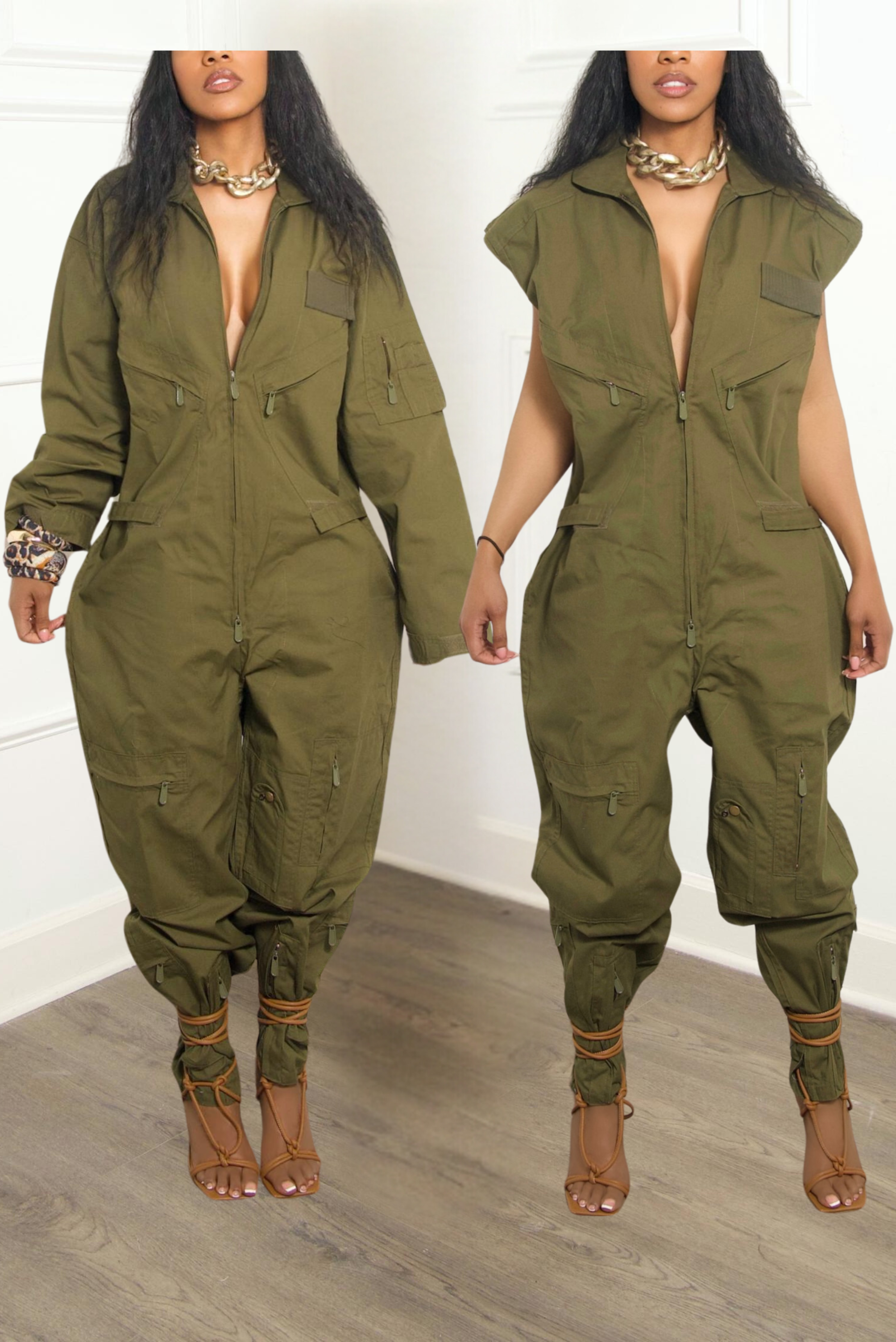 Forest Green Long Sleeve / Short Sleeve zipper Jumpsuit | Chic Eco