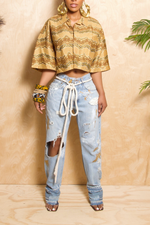 *Tropical Golden African crop top Button up (L)