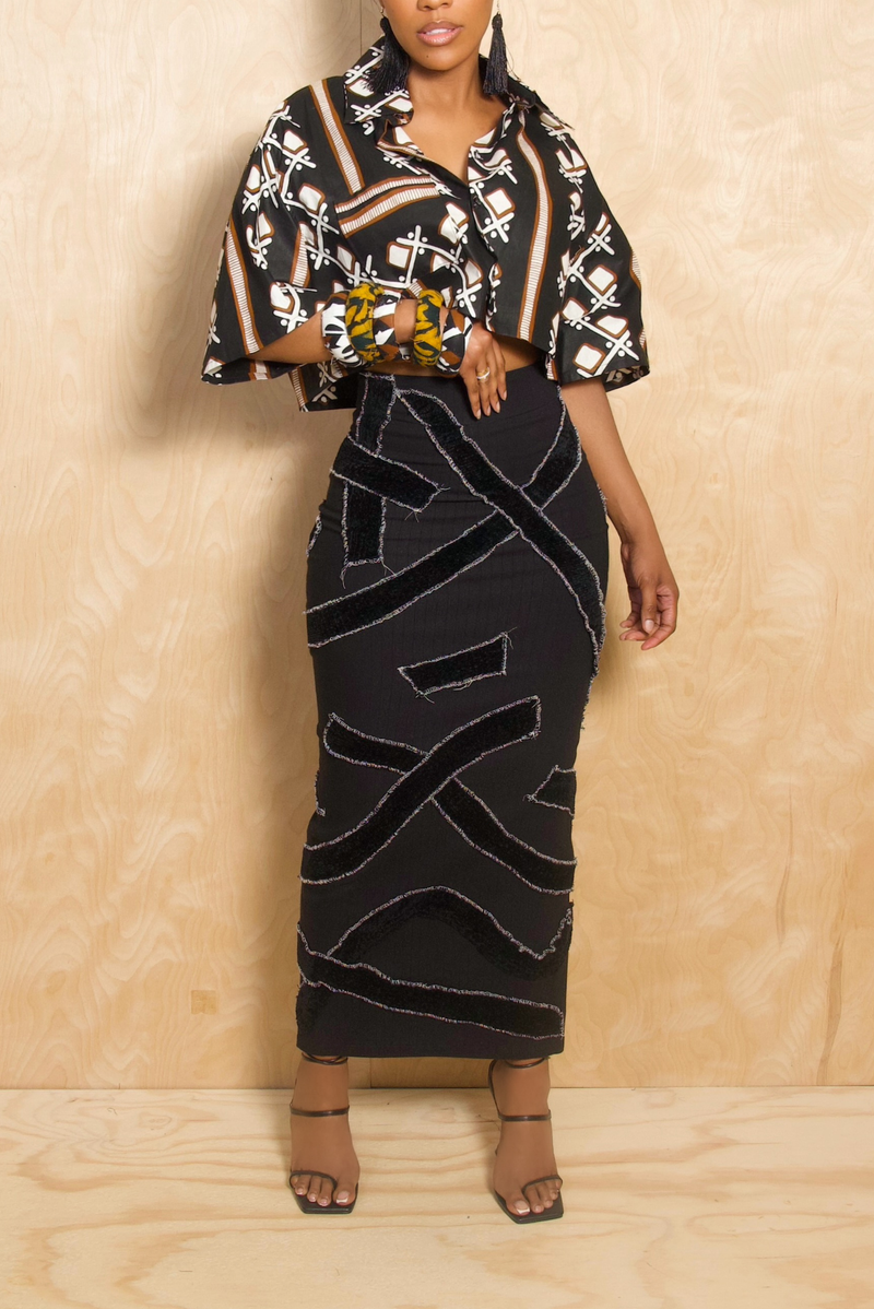 *Black sweater White thread Pattern high waist mermaid long pencil skirt