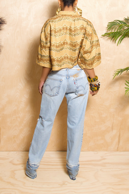 *Tropical Golden African crop top Button up (L)