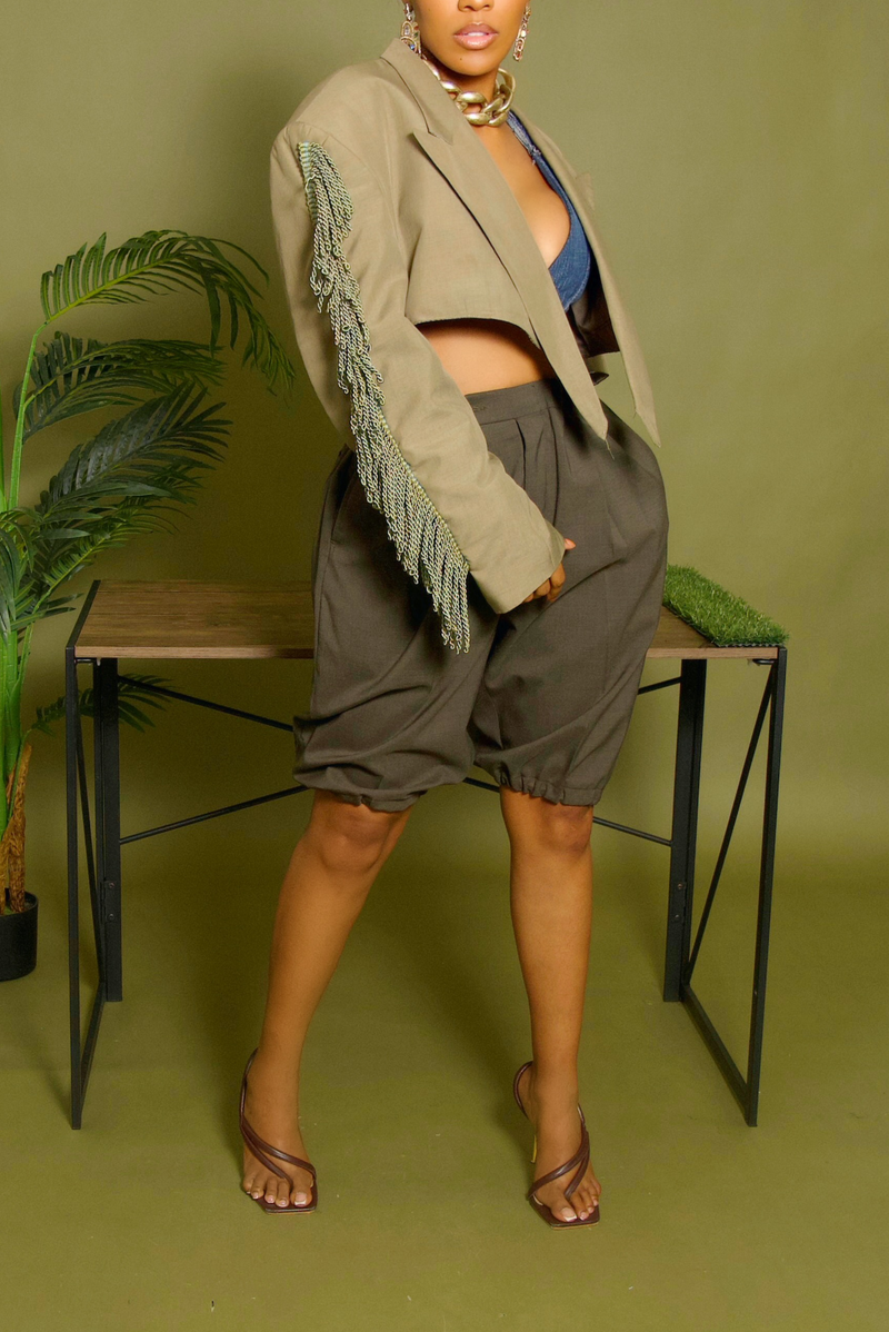 Tan Tassle fringe arm backless crop blazer