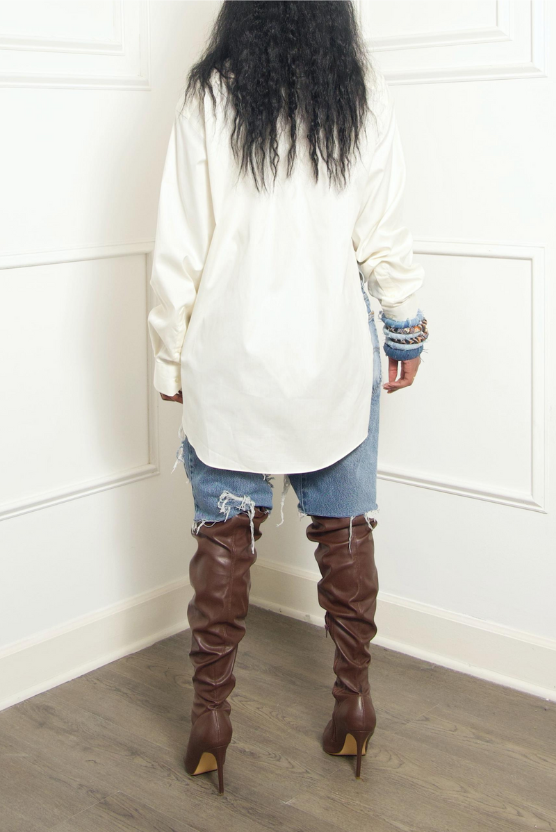 *Cream Button up Split Crossover Shirt