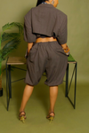 Brown pinstripe short sleeve backless belted blazer set M/L