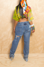 Denim Double waistband Vintage Ripped Holes jeans