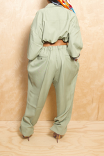 Sage green elastic button up jogger slacks two piece set