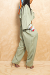 Sage green elastic button up jogger slacks two piece set