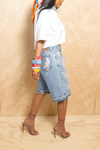 Denim Custom Embellished Beaded elastic wide leg Bermuda shorts