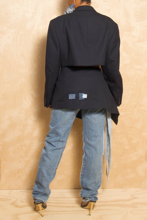 *Dark Blue Pinstripe Patchwork two piece suit Denim Fringe (S/M/L) - FINAL SALE