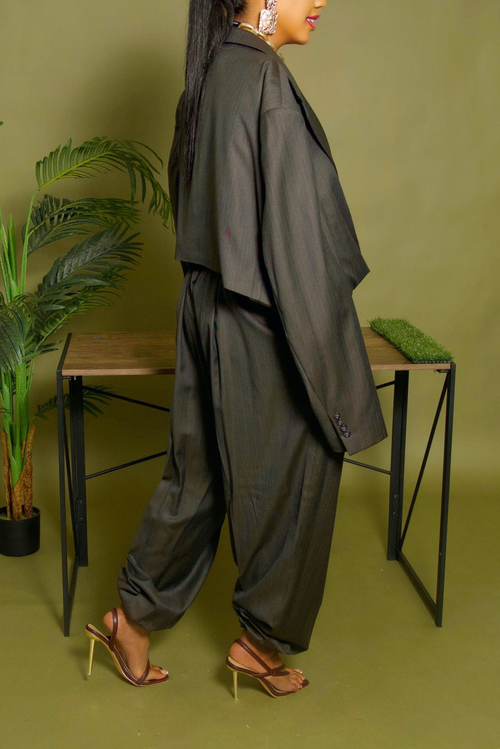 Dark Gray Pinstripe jogger crop blazer set