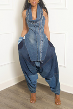 Blue & light Denim waist Patchwork Hangman Harem Pants