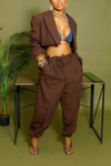 Brown jogger crop blazer set