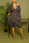 Brown pinstripe short sleeve backless belted blazer set M/L