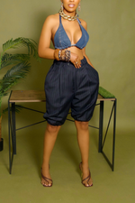 Blue Pinstripe elastic Bermuda Shorts