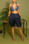 Blue Pinstripe elastic Bermuda Shorts