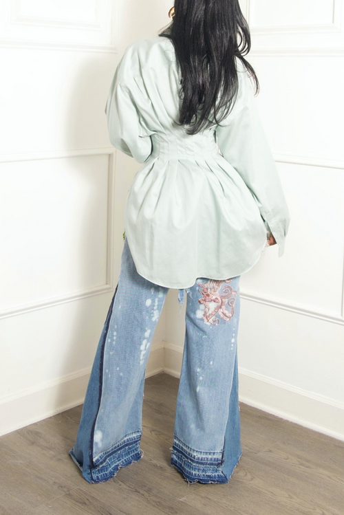 Mint Soft green pleaded Cutout Shirt Dress (vintage)
