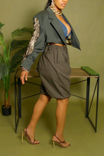 Olive gray Tassle fringe arm backless crop blazer