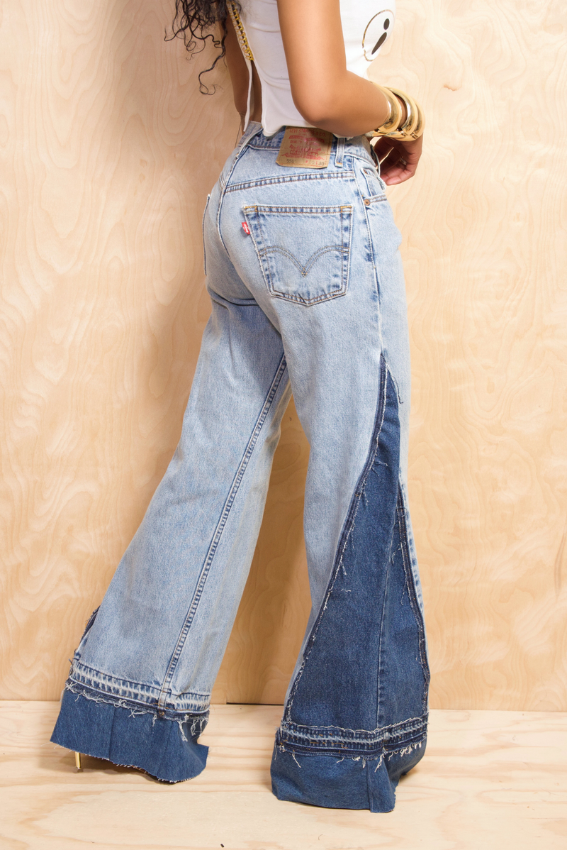 Light washed  two toned dark  denim wide leg jeans