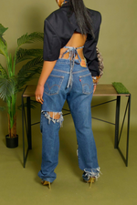 Black Tassle fringe arm backless crop blazer