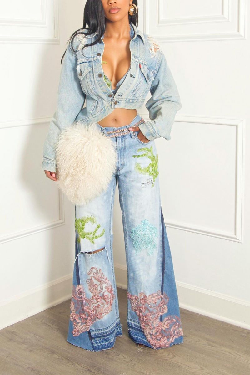 Custom Bleached Embellished Beaded sea wide leg Levi jeans vintage-MTO