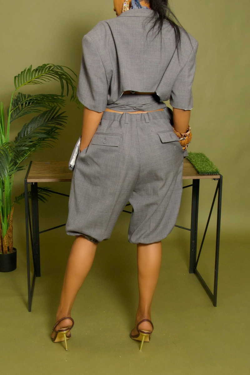 Gray short sleeve backless belted blazer set S/M