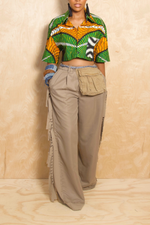Khaki elastic waist wide leg fringe pants
