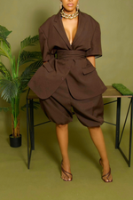 Dark brown belted short sleeve backless blazer set M/L