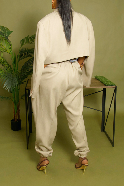 Light tan khaki jogger crop blazer set