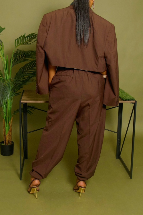 Brown jogger crop blazer set