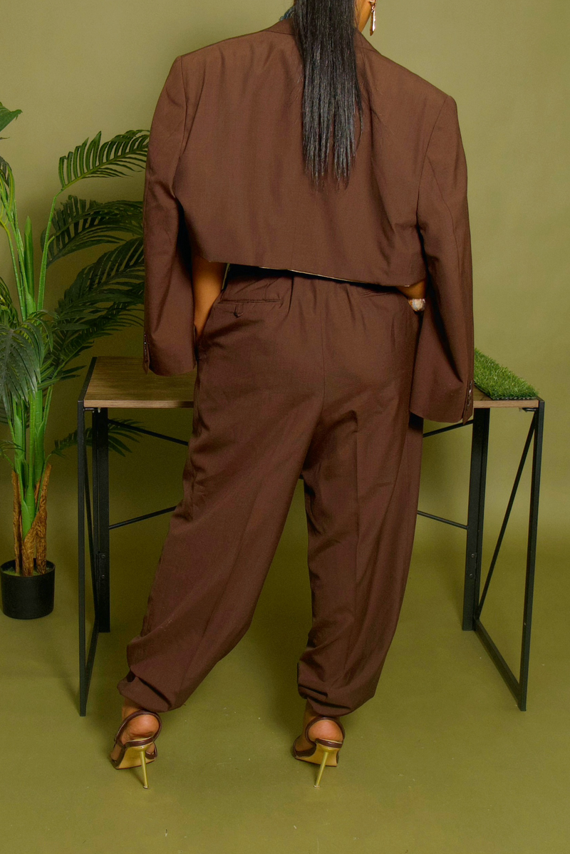 Brown jogger crop blazer set