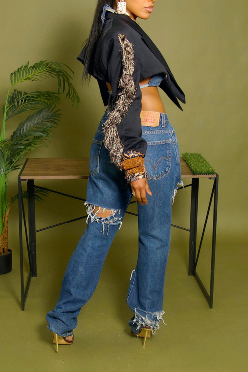 Black Tassle fringe arm backless crop blazer