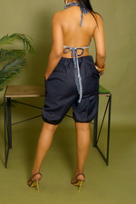 Blue Pinstripe elastic Bermuda Shorts