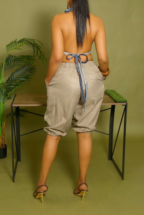 Heathered Beige elastic Bermuda Shorts