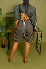 Olive gray Tassle fringe arm backless crop blazer