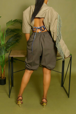 Tan Tassle fringe arm backless crop blazer