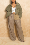 Khaki elastic waist wide leg fringe pants