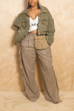 Khaki elastic waist wide leg fringe pants