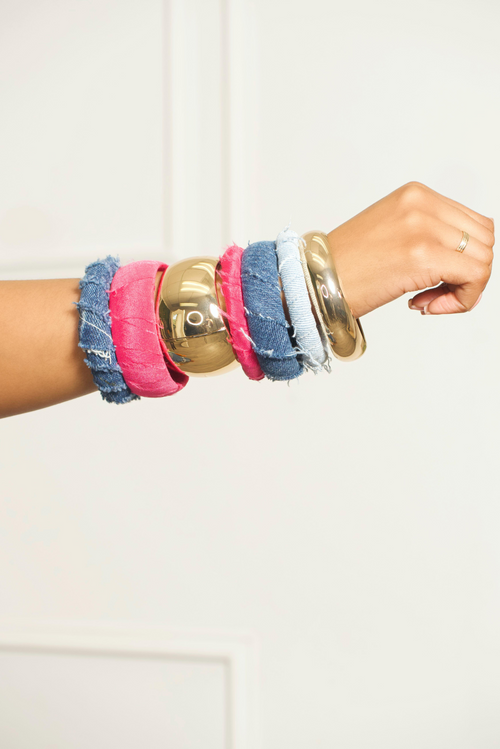 Gold Pink Denim Bangles 7 Stack