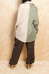 * Green & Tan Half & half button up split crossover Shirt (S/M)