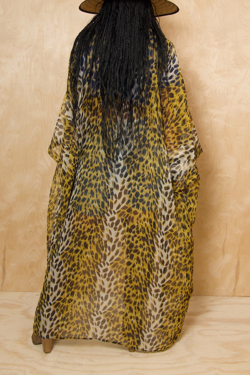 Yellow Cheetah print Chiffon Kimono with scarf