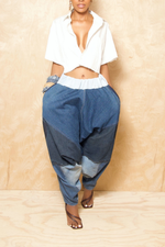 *Blue & light Denim waist Patchwork Hangman Harem Pants