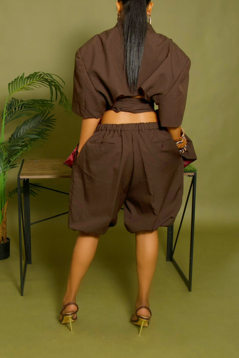 Dark brown belted short sleeve backless blazer set M/L