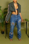 Olive gray Tassle fringe arm backless crop blazer