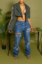 Olive gray Tassle fringe arm backless crop blazer