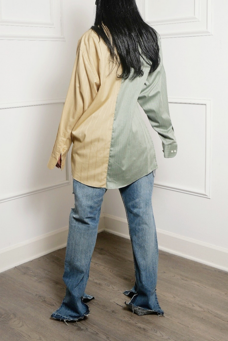 Green & Tan Half & half button up split crossover Shirt (S/M)