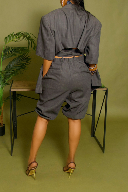 Dark gray short sleeve backless belted blazer set M/L