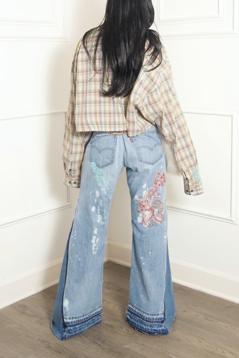 Custom Bleached Embellished Beaded sea wide leg Levi jeans vintage-MTO