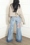 Custom Embellished Beaded sea plaid crop button up vintage (M/L)