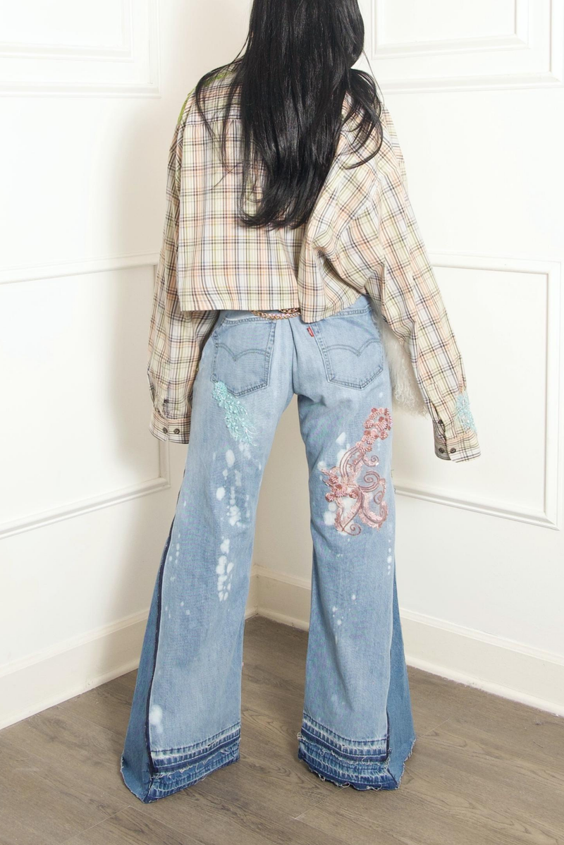 Custom Embellished Beaded sea plaid crop button up vintage (M/L)