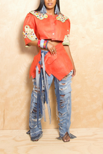 *Orange Embellished Blazer Vintage Two Piece Suit Denim Fringe  S/M
